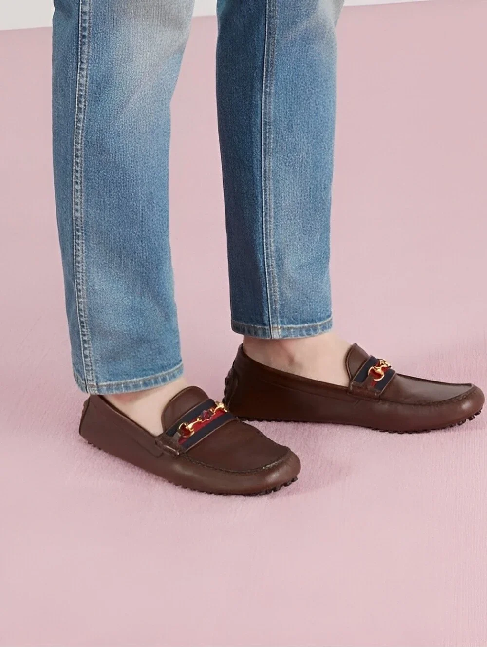 Gucci Men's Ayrton Horsebit Web Driver Loafers – Cocoa Brown Leather – Size 42